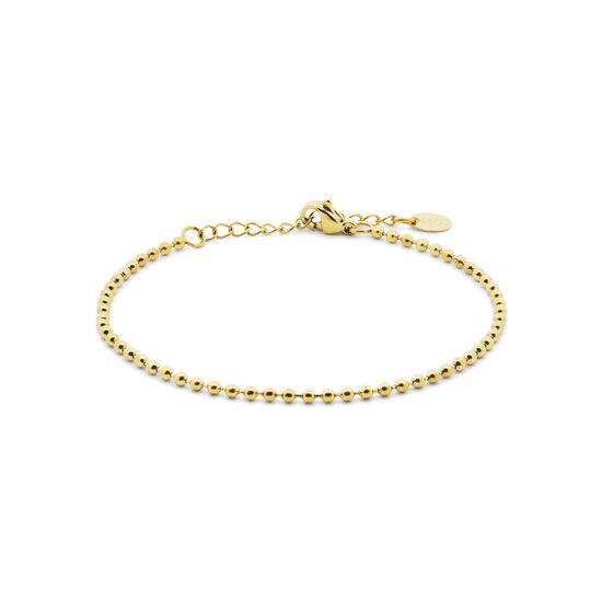 Gouden armband met kleine, glanzende balletjes en een karabijnsluiting. Verstelbaar formaat.