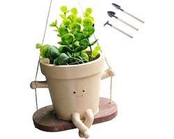 4-delig hangend bloempot set, 13x9cm hangpot met schommelgezicht, hangplantpot inclusief 3 tuingereedschappen, bloemenhanger voor binnen en buiten balkon decoratie