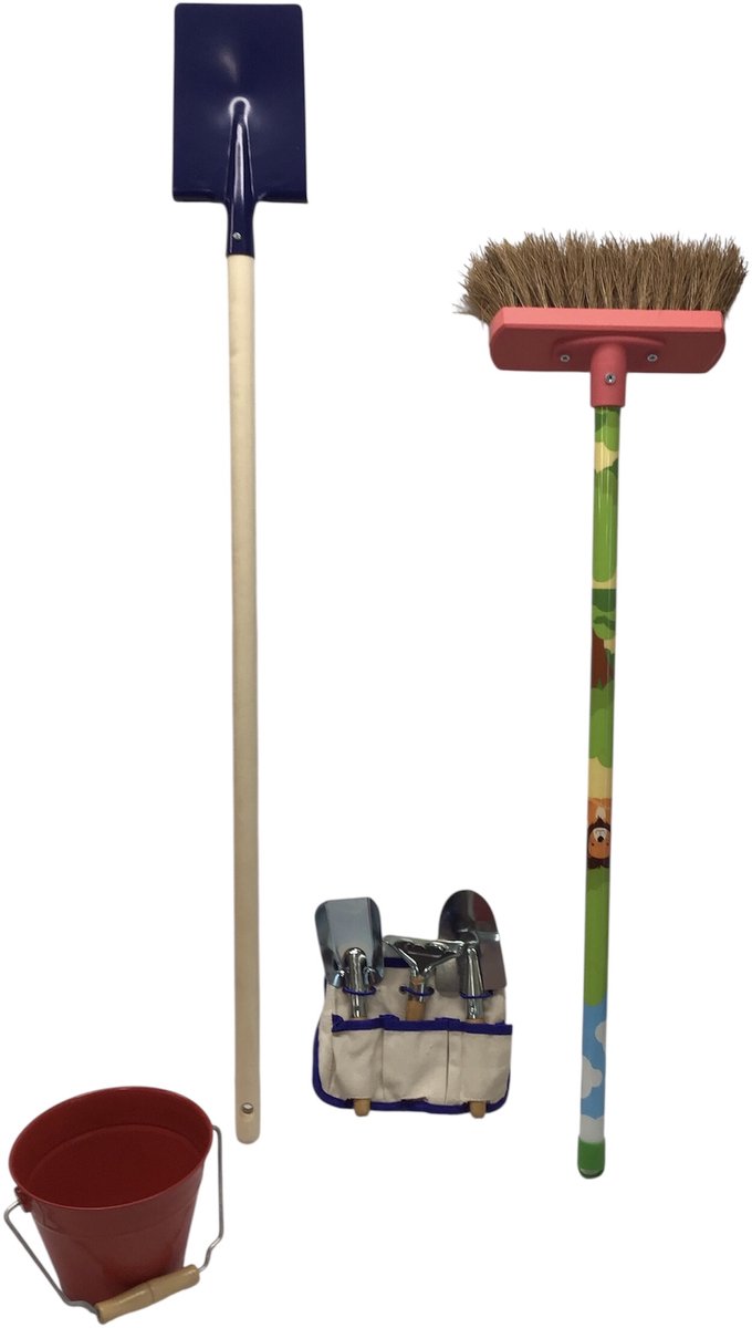 kinder Tuingereedschap - puntschep - Bezem - vlindernet - gieter - emmer - schepje - harkje - stoffer en blik en kindertuinhandschoenen