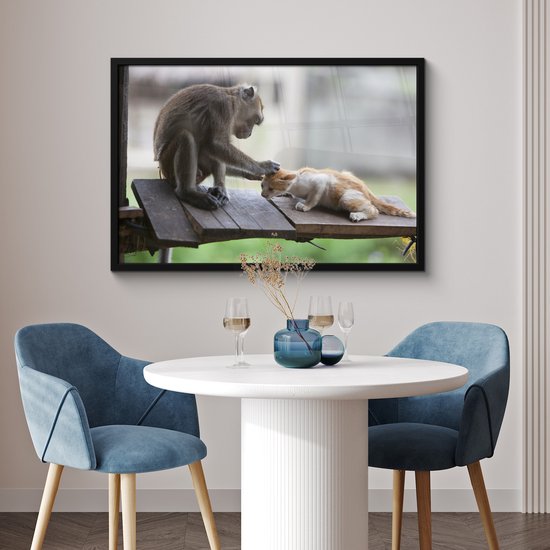 Poster in lijst - Fotolijst 90x60 cm - Posters - Kat - Aap - Hout - Posterlijst zwart - Decoratie - Wanddecoratie woonkamer - Muurdecoratie slaapkamer