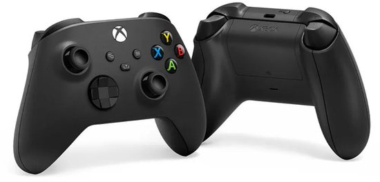 Zwarte Xbox controller met gekleurde A, B, X, Y knoppen, naast de achterkant van de controller.