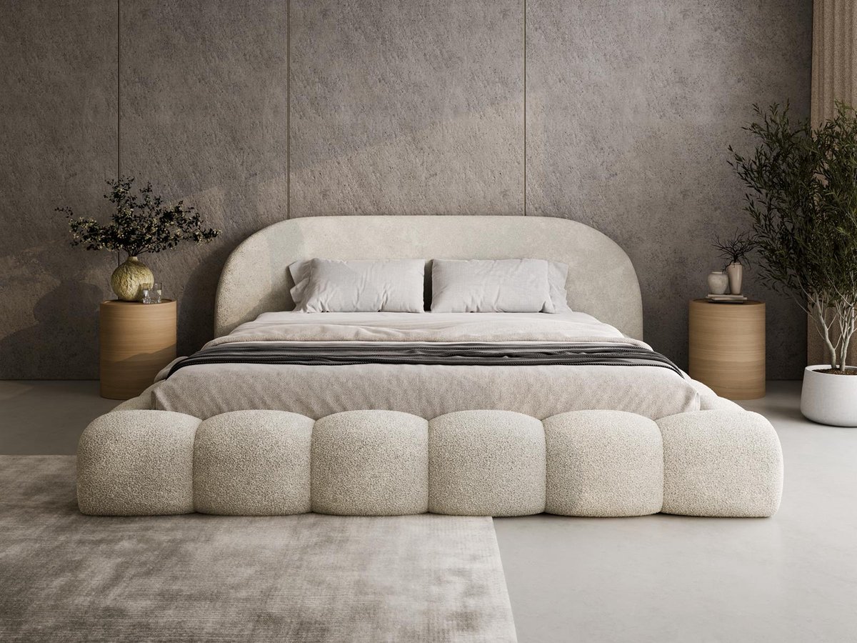 Compleo24 Bubble Gestoffeerd Bed – Tweepersoonsbed met Bouclé Stoffering 140x200 cm -Lichtbeige