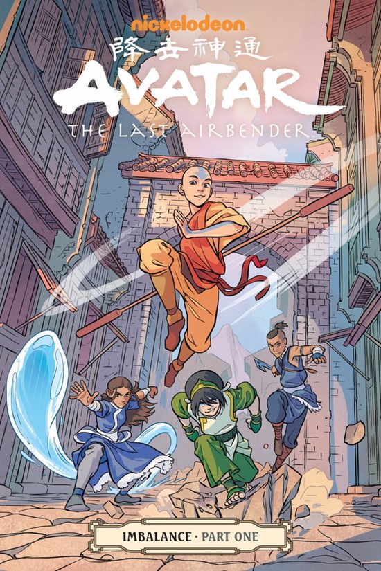 Avatar: The Last Airbender - Imbalance Deel Eén cover met Aang, Katara, Toph en Sokka in actie in een straat.