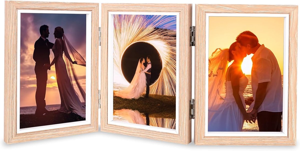 Fotolijstcollage voor 3 foto's, 10 x 15 cm, opvouwbare foto's, houten fotolijst met acrylplaat, multilijst voor bruiloft, familie, baby, lichtbruin, 6 x 4 inch