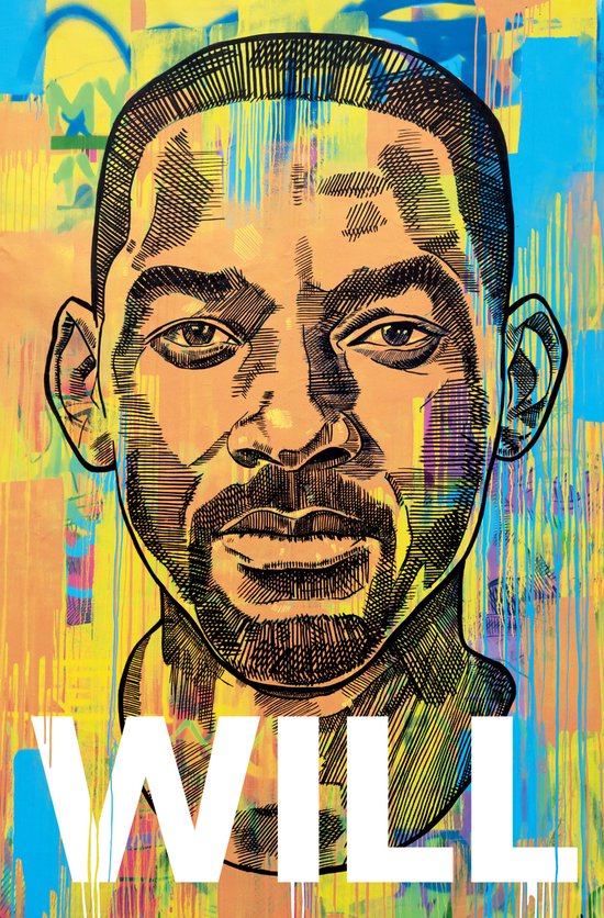 Portret van Will Smith met 'WILL' in grote witte letters, tegen een kleurrijke, abstracte achtergrond.