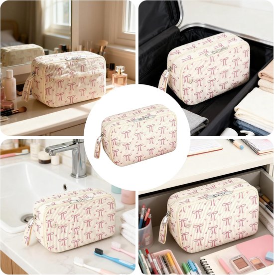 etui met 3 vakken voor meisjes, school, schrijfwaren, grote capaciteit met ritssluiting, effen, mooi schrijfwaren, roze strik voor kinderen (22 x 8 x 13 cm) — afbeelding 3