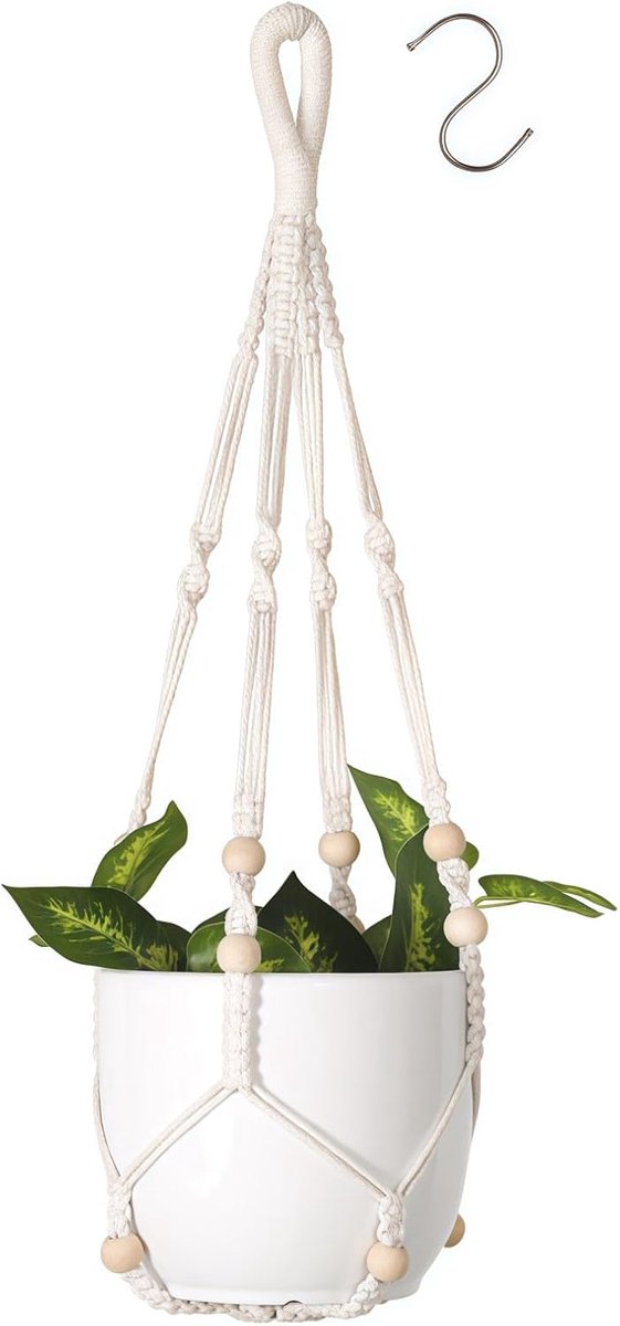 flintronic hangende plantenbakken, katoenen touw macramé plantenhanger met ophanghaken, muurhangende bloempothouder voor terras, dek, plafond, plantenhouder - 89CM