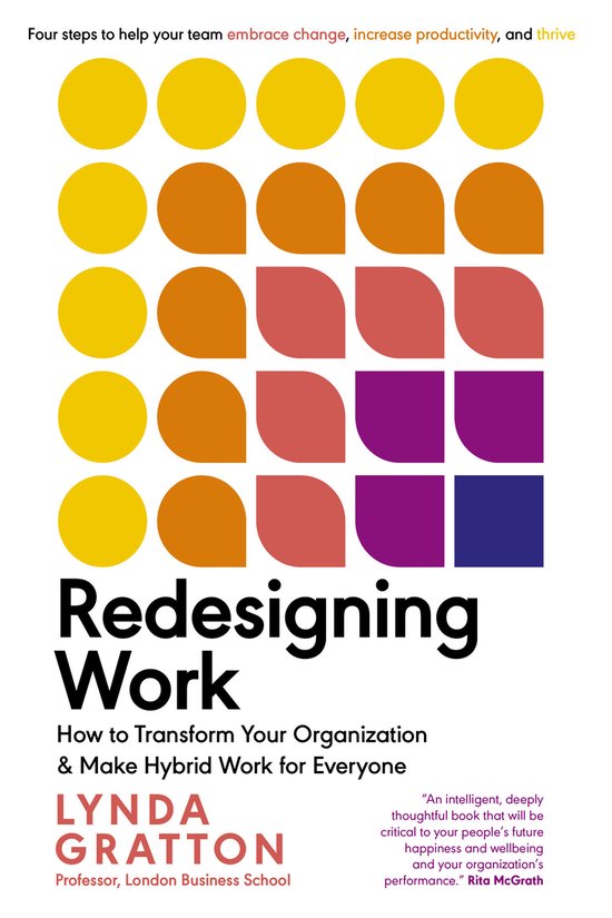 Boek 'Redesigning Work' met tekst 'Four steps to help your team embrace change, increase productivity, and thrive'. Achtergrond met geometrische vormen: gele cirkels, oranje druppelvormen, rode druppelvormen en paarse vierkanten.