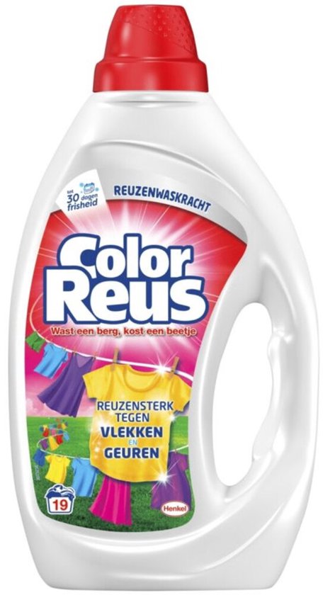 Witte fles wasmiddel met rode dop. Label toont waslijn met kleurrijke kleding. 'Color Reus Reuzenkracht tegen vlekken en geuren'. 19 wasbeurten.