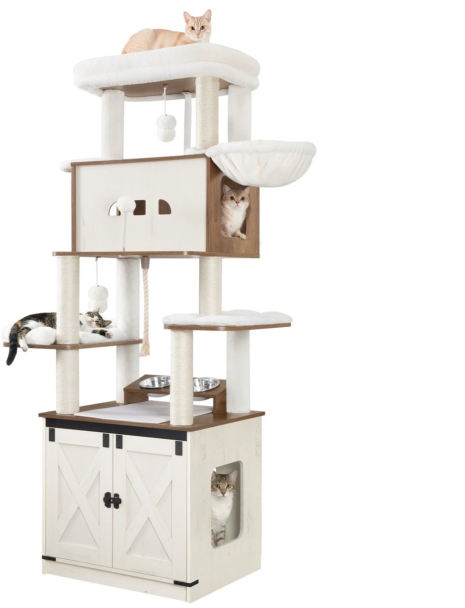 CINK Pets® Luxe Kattenboom met Kattenbak Ombouw - 173 cm Krabpaal met Voerstation, Hangmat & Speelplatforms - Grijs