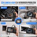 Zwarte inspectiecamera gebruikt voor motoren, riolering, elektra en ventilatiesystemen. Toont close-ups van de camera-invoer per toepassing.