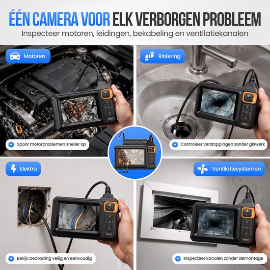 Zwarte inspectiecamera gebruikt voor motoren, riolering, elektra en ventilatiesystemen. Toont close-ups van de camera-invoer per toepassing.