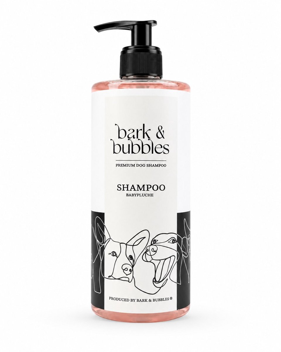 Bark & Bubbles Hondenshampoo Babypluche 500 ml – Milde Shampoo voor Honden met Pompje – Zachte Vachtverzorging voor Alle Rassen en Vachttypes – Frisse Babypoeder Geur voor een Zachte, Glanzende Vacht