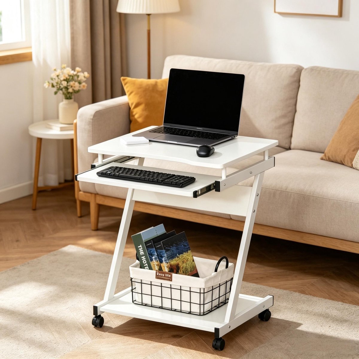 YYchan computerbureau - wit - 60 x 48 x 73 cm - met opbergruimte - met wielen
