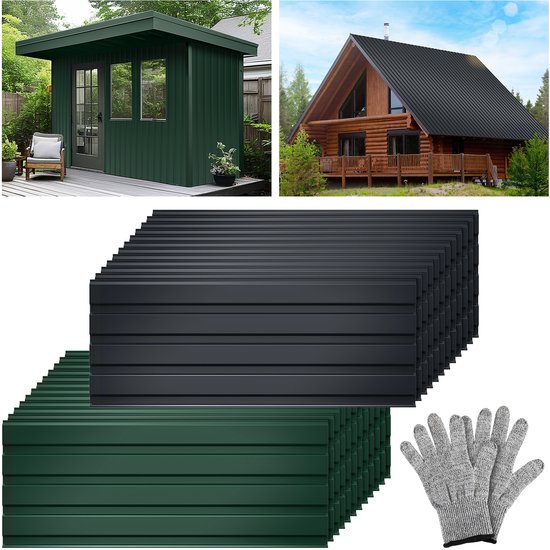 Collage: donkergroen tuinhuisje, houten blokhut met zwart dak, stapels donkergroene en grijze platen, grijze werkhandschoenen.