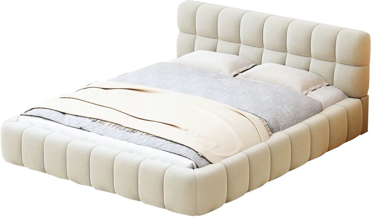 Emvae Bed - Tweepersoonsbed - 140x200 cm - met Lattenbodem - Linnen Bedframe met Zachte Rugleuning - Linnen - Beige