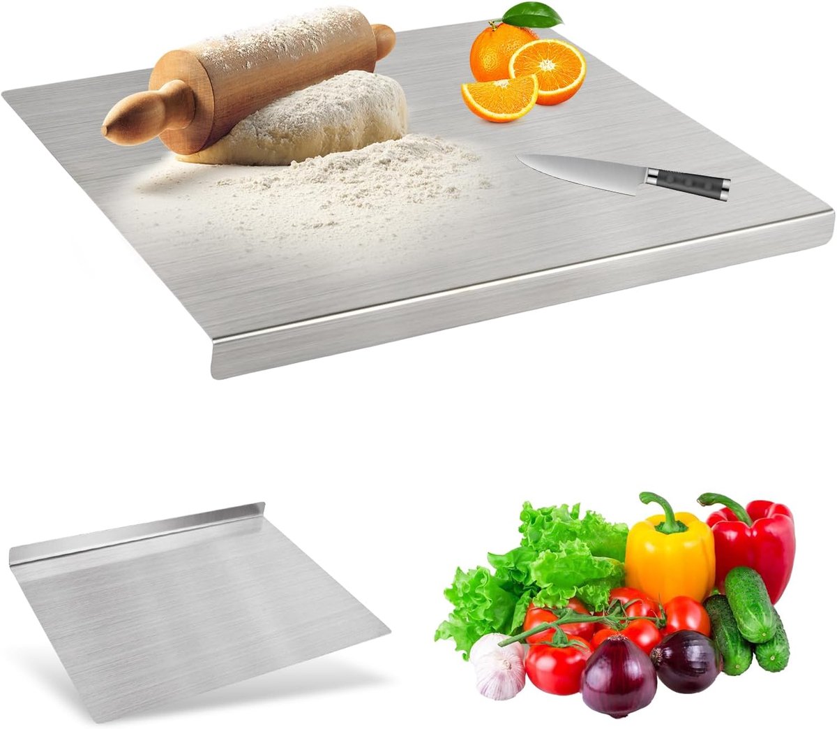 Snijplank van roestvrij staal, 40 x 30 cm, anti-aanbak-snijplank van roestvrij staal, met rand, werkblad voor keuken, bar, restaurant, 40 x 30 cm, vouw 2 cm