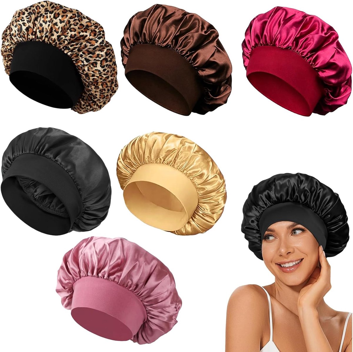6 stuks satijnen slaapmuts set, elastische haar bonnet om te slapen, zachte ademende haarbescherming muts voor dames en meisjes, anti klit en vochtbehoud haarverzorging dag en nacht