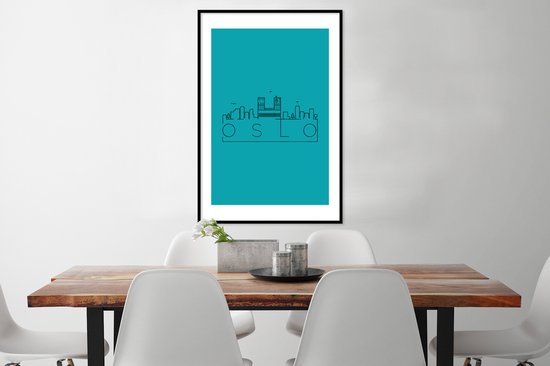 Poster in lijst - Fotolijst 60x90 cm - Posters - Skyline "Oslo" blauw - Posterlijst zwart - Decoratie - Wanddecoratie woonkamer - Muurdecoratie slaapkamer
