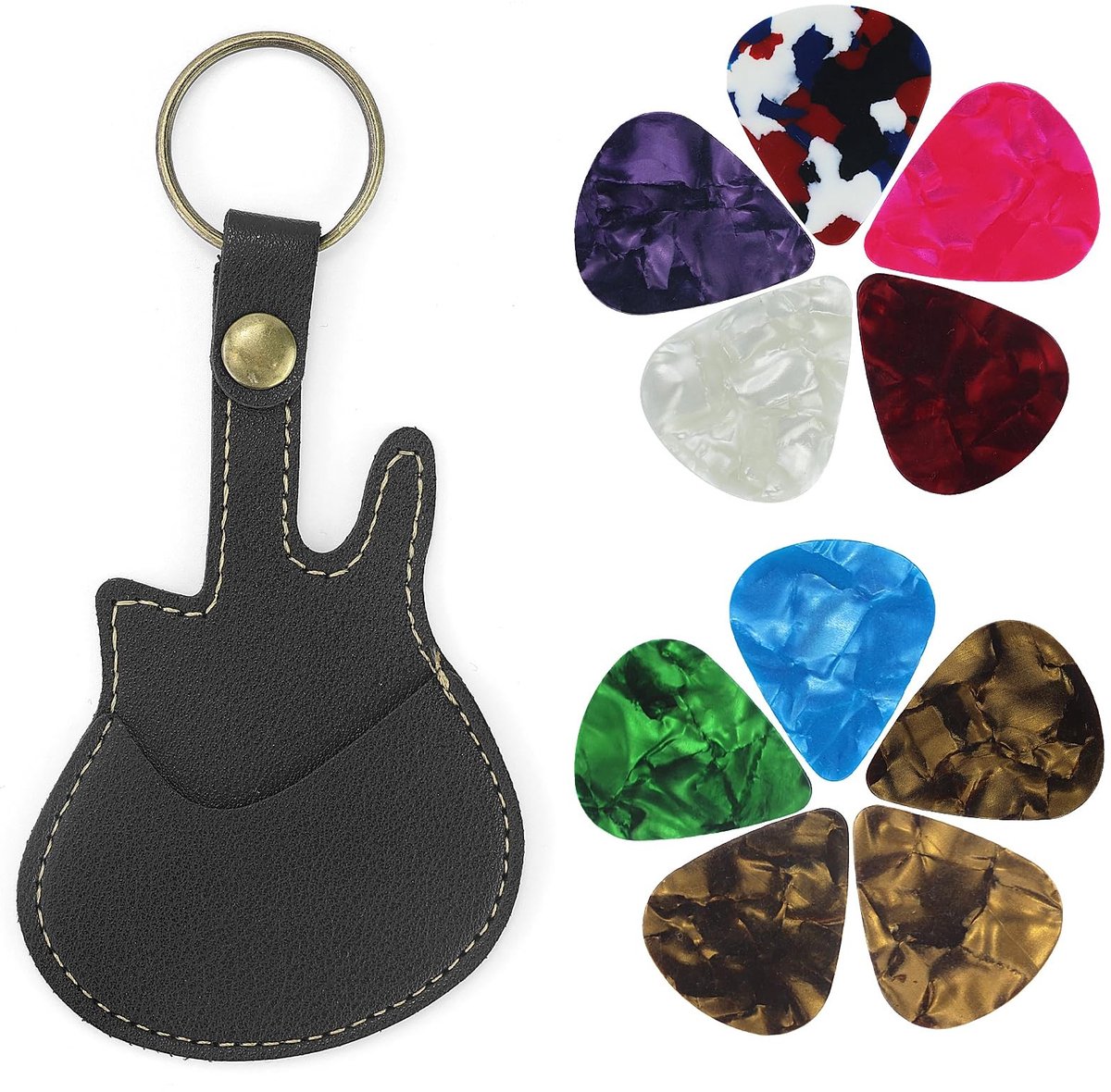 Dailygoods - Gitaarplectrumhouder met 10 Kunststof Plektrums en Sleutelhanger
