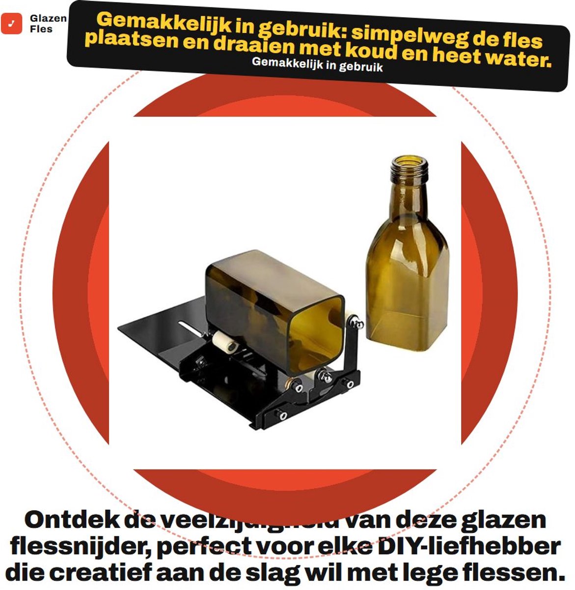 Dailygoods- Fles Snijgereedschap - Roestvrij Staal Snijder - Voor Vierkante/Ronde Flessen - 3 Snijwielen - Antislip Voeten - Gemakkelijk in Gebruik - Flessensnijder