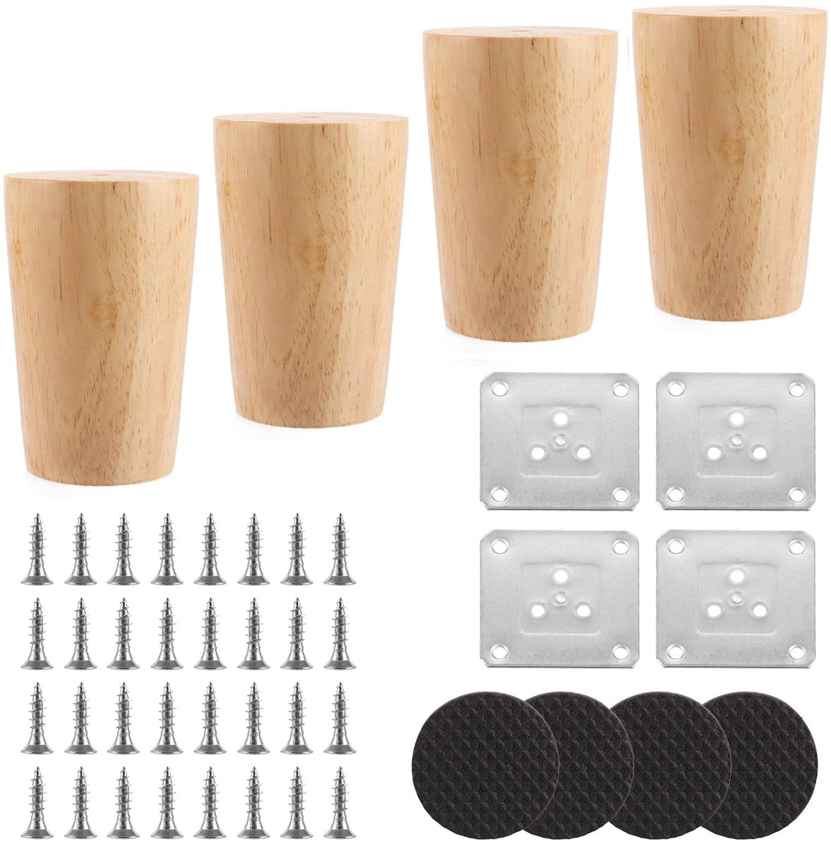 Dailygoods- Meubelpoten 6 cm - Houten Poten - Bankpoten/Kastpoten - Robuust/Rond - Zware Belasting - Inclusief Montageplaten - Tafelpoten