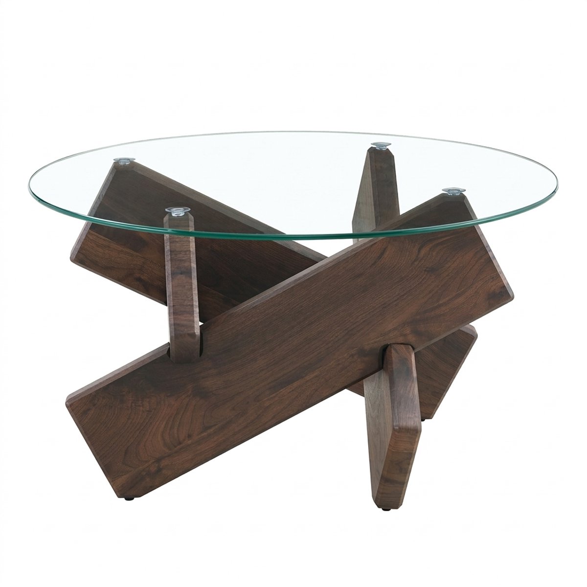 Rolipo Ronde Salontafel MDF en Glas – 79 cm – Gehard Glazen Blad met Walnootkleurige Houtlook Poten – Modern Design Transparant, walnoot