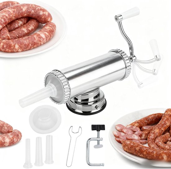 Professionele worstmachine - Uitgerust met 3 spuitmonden - Handmatige worstvuller - Vleesvuller - Voedselveilig - Geschikt voor zelfgemaakte worsten en vleesvulling - Vuller van aluminiumlegering - 1,4 kg - Roestvrij staal - Zilver — afbeelding 4
