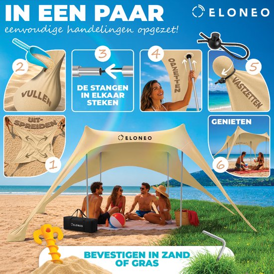 ELONEO Strandtent met Zonnedoek - UV-bescherming UPF 50+, Windscherm, Strandaccessoires & Camping, Crème 300x300x200 cm van ELONEO — afbeelding 2
