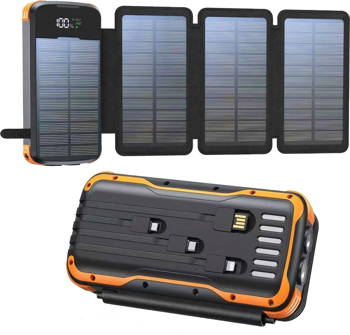 Lugia Solar+ Powerbank 20.000 mAh - Zonnepaneel - 4 Ingebouwde Kabels - 5 Apparaten Tegelijk - Snelladen - LED Zaklamp - Outdoor - Zwart