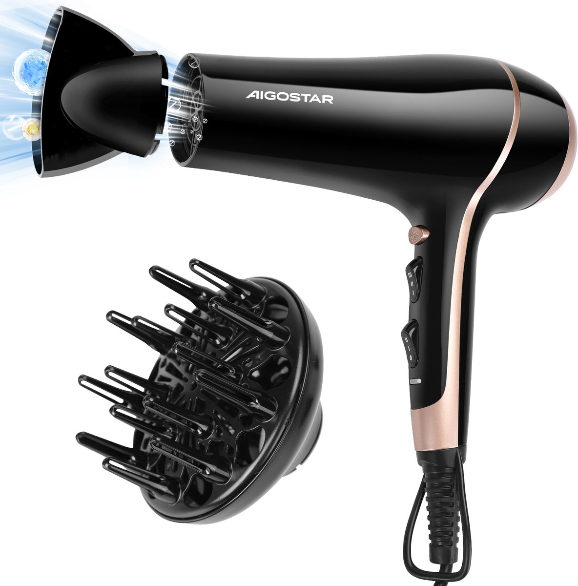 Aigostar Fohn - Lora 33LNK - Haardroger - Fohn met diffuser - Ionische Fohn - Professionele Fohn - 2400 Watt - Zwart