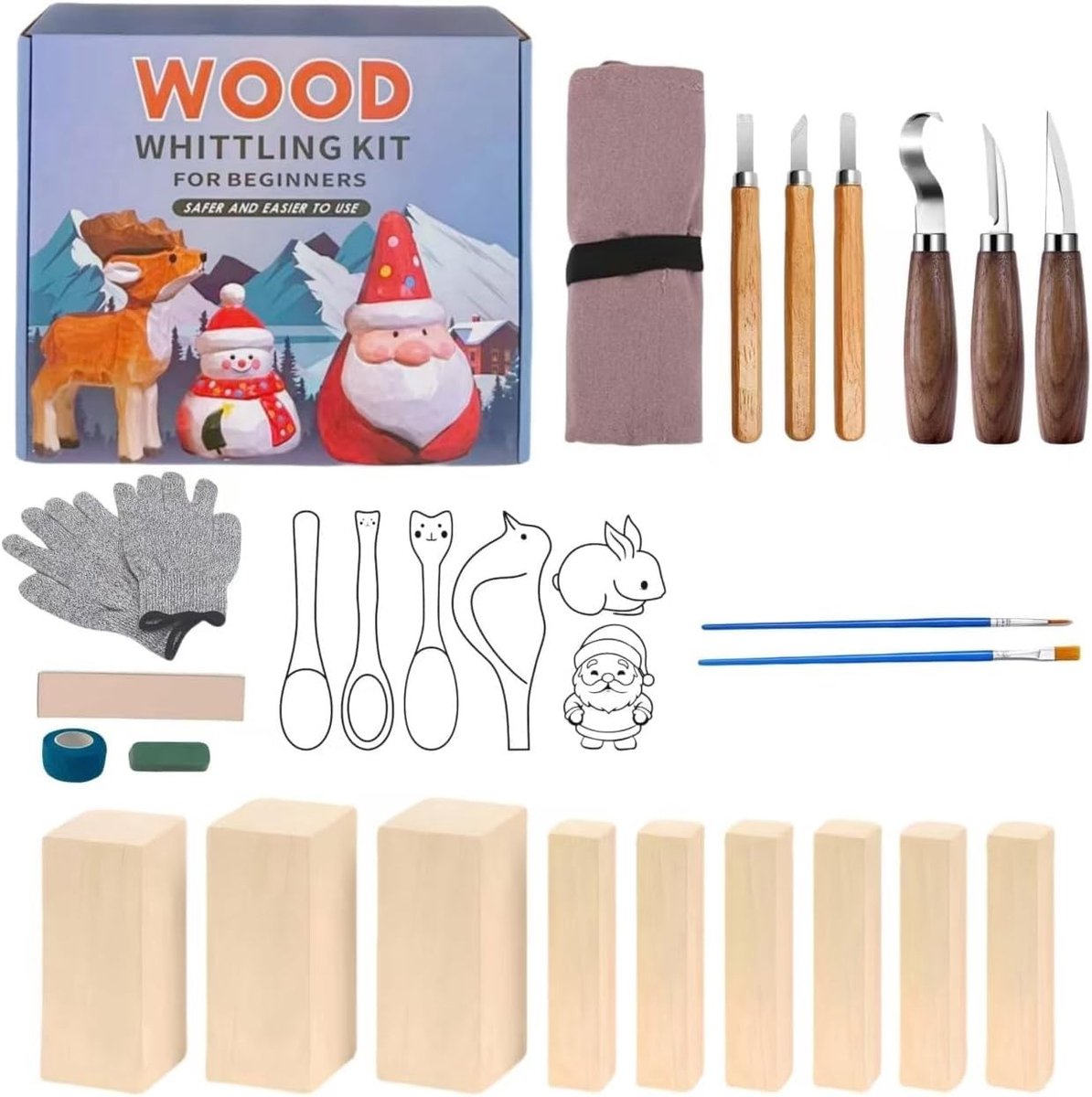 Dailygoods- Houtsnijset 35-delig - Houtsnijgereedschap - Houtsnijgereedschap met walnoothandvat - Slijpsteen - Houtblokken - Creatieve geschenken voor beginners