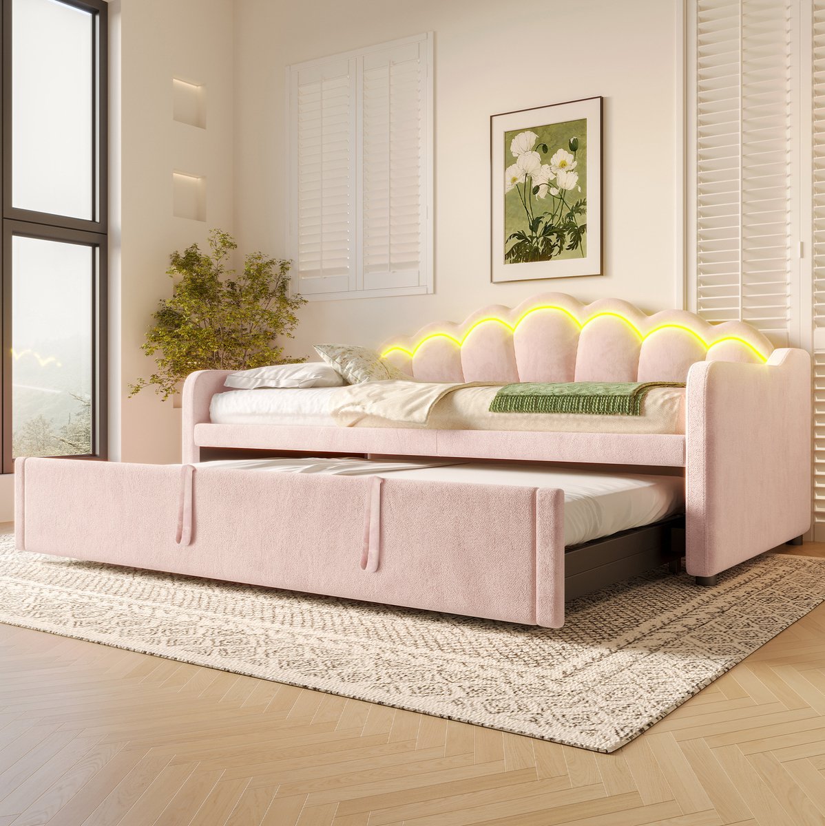 FloraGrace Slaapbank 90x200 cm - Uitschuifbaar Tot 180x200 cm - Met LED-Verlichting - Zonder Matras - Fluweel En MDF - Roze