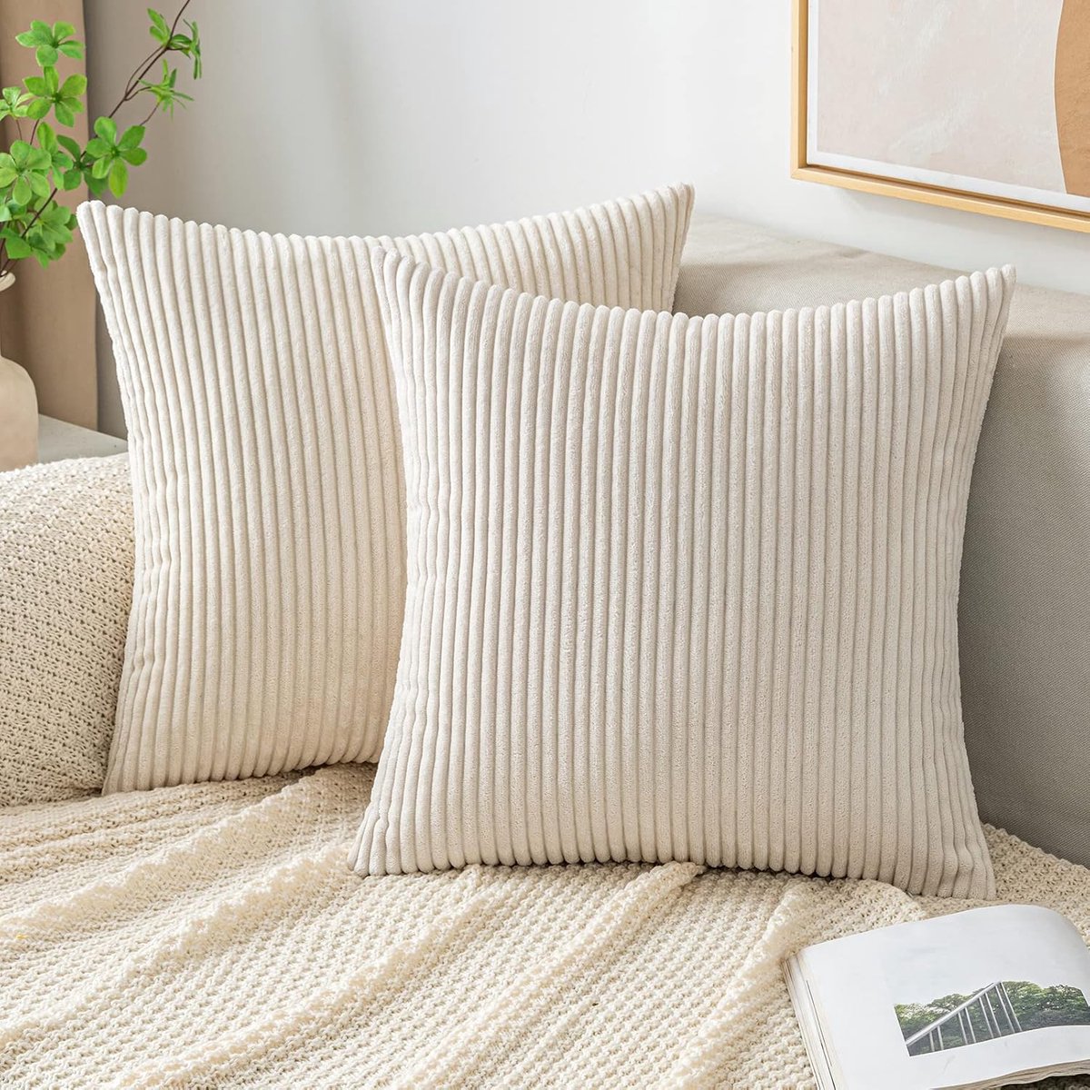 Kussenhoezen, corduroy, vierkante sierkussenhoezen, gestreept, zacht, voor thuis op de bank of in de slaapkamer, decoratief, 40 x 40 cm, set van 2, beige