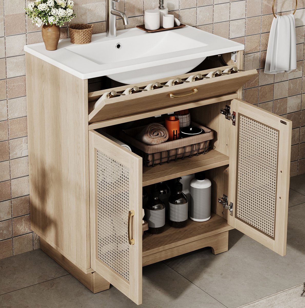 DESMIU Badkamermeubel - Staande Onderbouwkast Met Keramische Wastafel En Zachtsluitende Deuren - MDF Naturel - 76x46x88 Cm