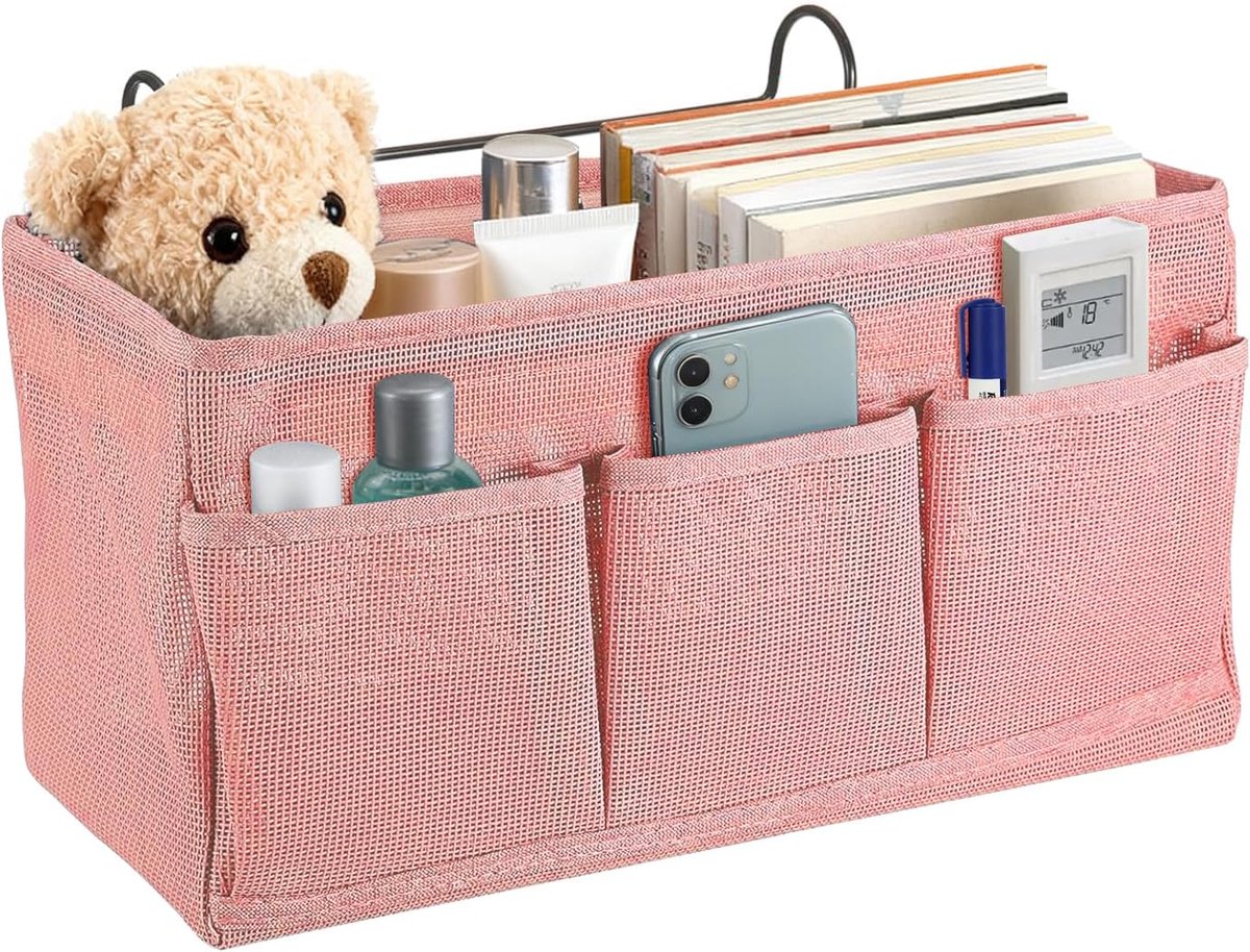 Nachtkastje-ophangopberg, Bed Organizer om op te hangen, ophangopberg voor bedden, Bed-Organizer, Bedtas om op te hangen met 3 vakken, ophangopbergtas voor thuis, school, studentenhuis (Roze)
