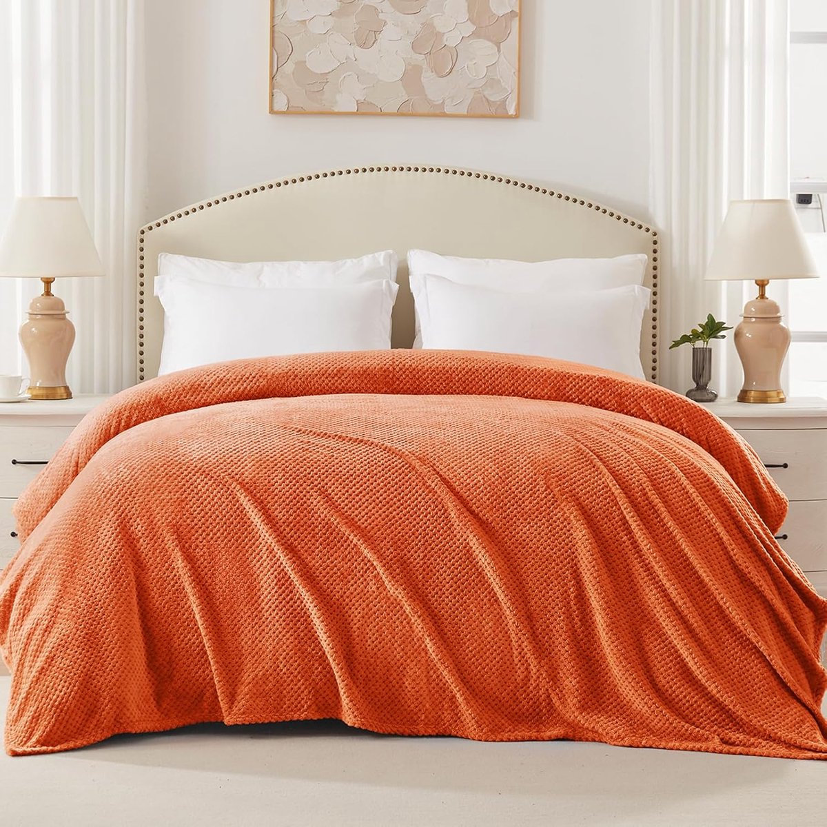 Mezcla Deken knuffeldeken pluizige fleecedeken woondeken met wafelpatroon, licht, zachte en warme bankdeken, bedsprei, 230 x 270 cm, oranje