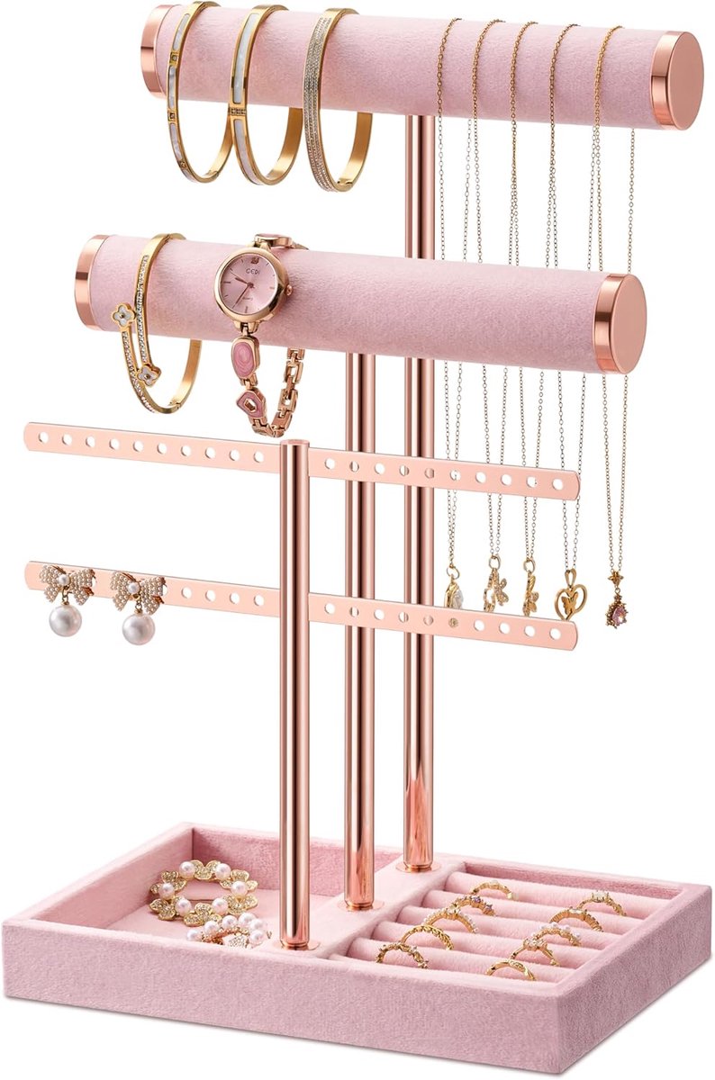 Sieraden organizer met 3 niveaus, Roze sieradenstandaard, armbanden, afneembare T-brug, fluwelen armbandhouder, sieradenhouder voor armband, halsketting, horloges, ringen