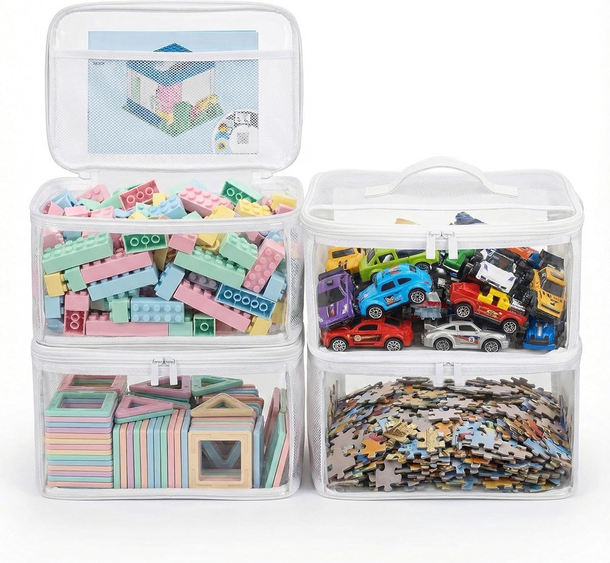 Transparante Speelgoed Opbergtassen met Handgreep, 4-pack Speelkamer Organiser voor Kinderspeelgoed, Bordspellen & Schoolbenodigdheden – Transparant PVC met Versterkte Bodem (Wit, Klein)