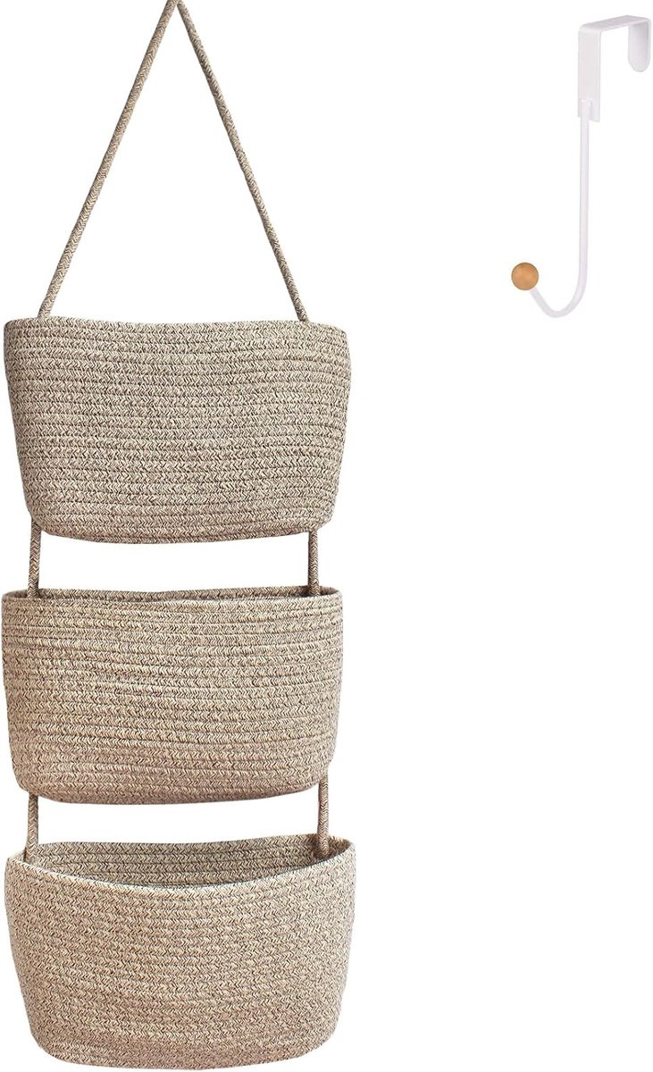 Hangmand voor boven de deur voor het organiseren van 3 lagen geweven katoenen touw wandmontage opbergmand decoratieve keuken organizer badkamer babykamer inclusief 1deurhaak (linnen bruin)