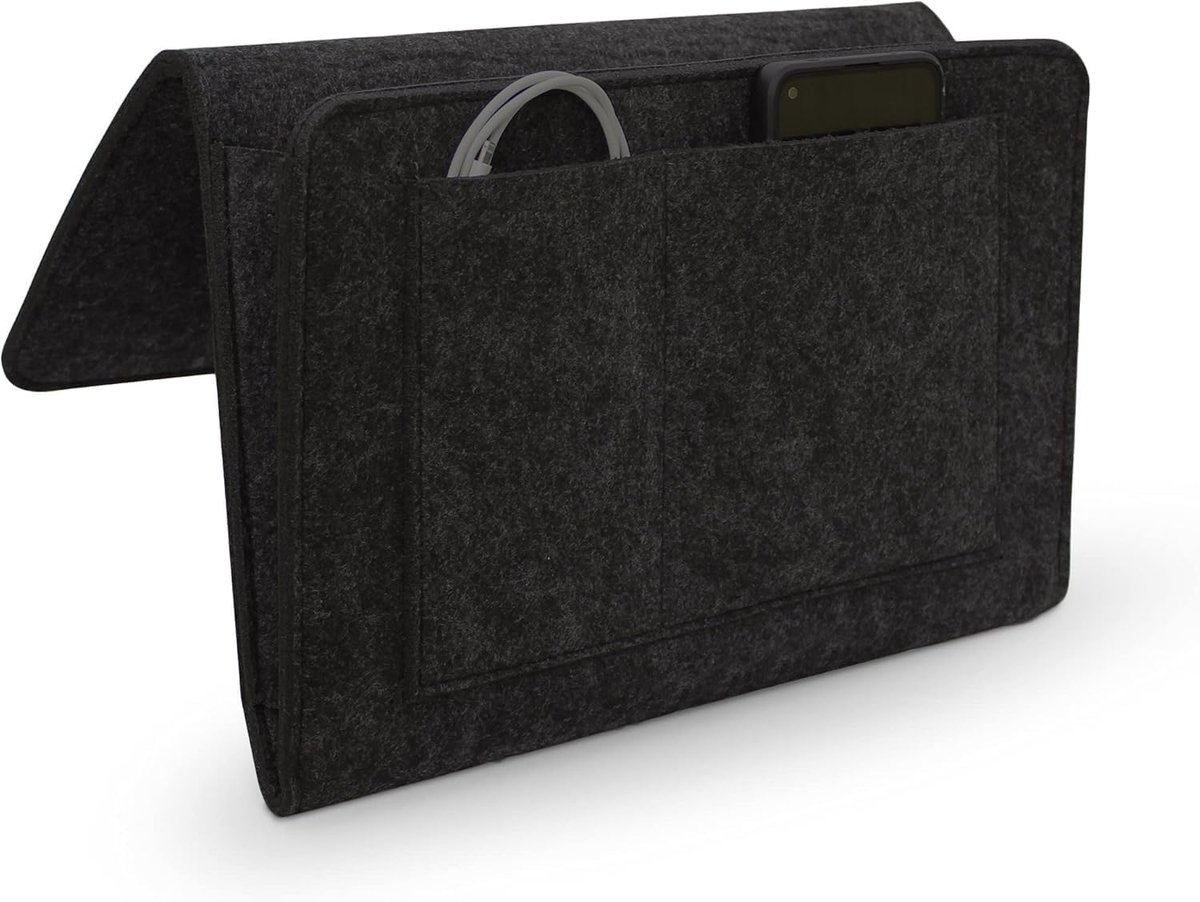 Opbergtas, 20 x 32 cm, organizer van vilt voor slaapkamer, met 5 vakken voor mobiele telefoon, iPad, afstandsbediening, boeken, brillen (zwart)