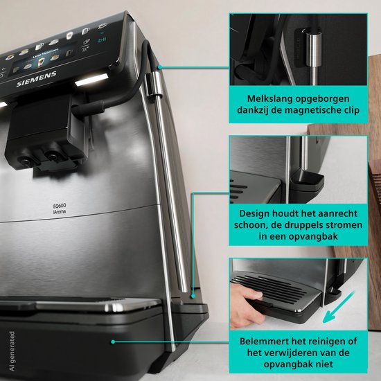 Siemens volautomaat espressomachine: opbergbare melkslang, schoon design en uitneembaar lekbak.
