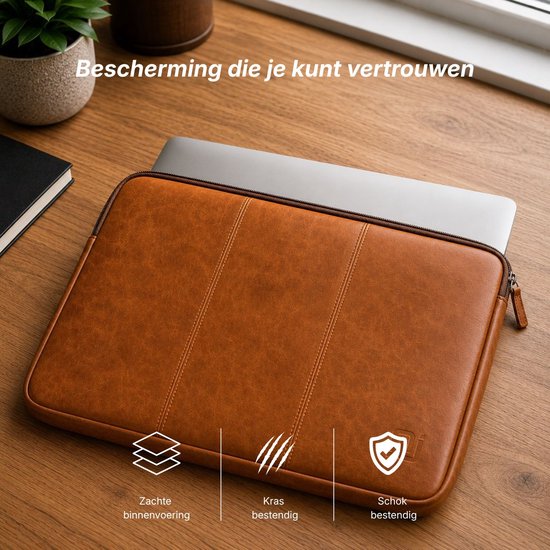 Housse d'ordinateur portable vintage marron en cuir végétalien zippée avec trois coutures verticales. Protège contre les chutes, les rayures et les chocs.