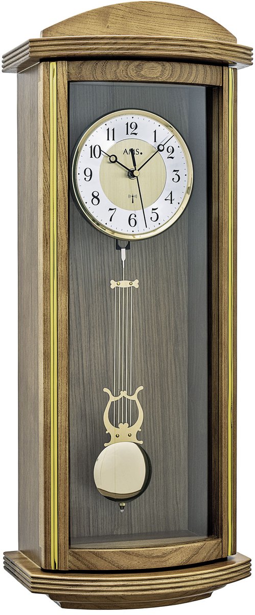 Wandklok AMS Radiogestuurd - 5015/4 • Eiken gelakt houten klok • met gouden harp-slinger en met Westminster slag op battarij 66cm lang x 26 breed