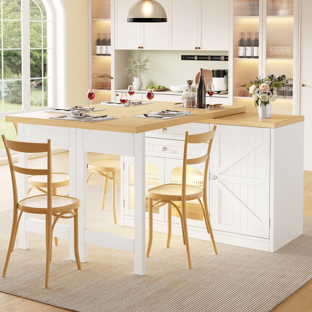 OKWISH Eettafel – Uitschuifbaar En 360° Draaibaar Tafelblad – 120 Tot 194 × 40 × 73,5 Cm – 2 Lades En Opbergruimte – MDF Wit