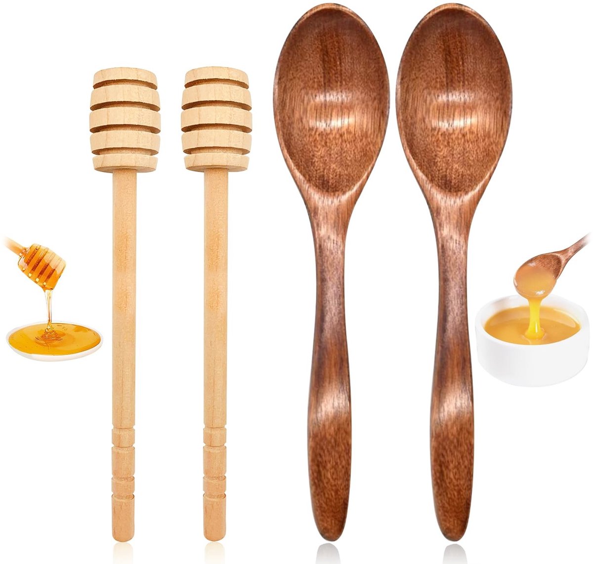 Dailygoods - Honing lepels en honing sticks, 2 stuks 7.08in houten lepels en 2 stuks 5.9in honing dipper sticks, houten honing lepels set voor honing pot dispensing en keuken gebruik (2 lepels + 2 sticks)