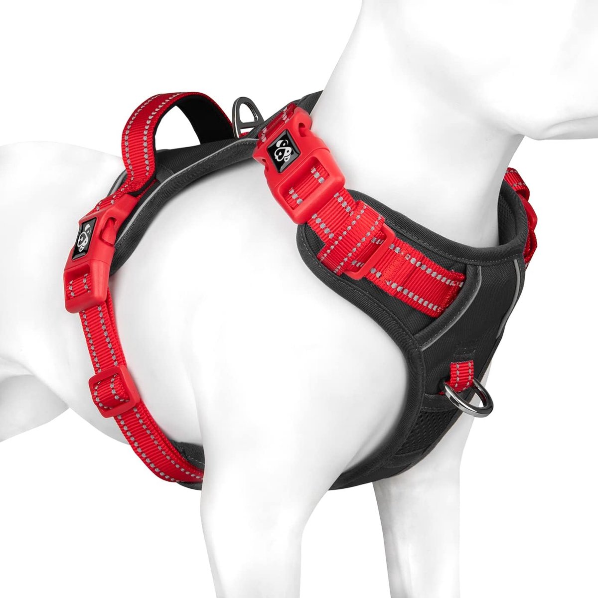 Thijox - PHOEPET Anti-trek hondenharnas, reflecterend, verstelbaar, veilig tuigje voor kleine, middelgrote en grote honden, L, zwart met rode bandjes
