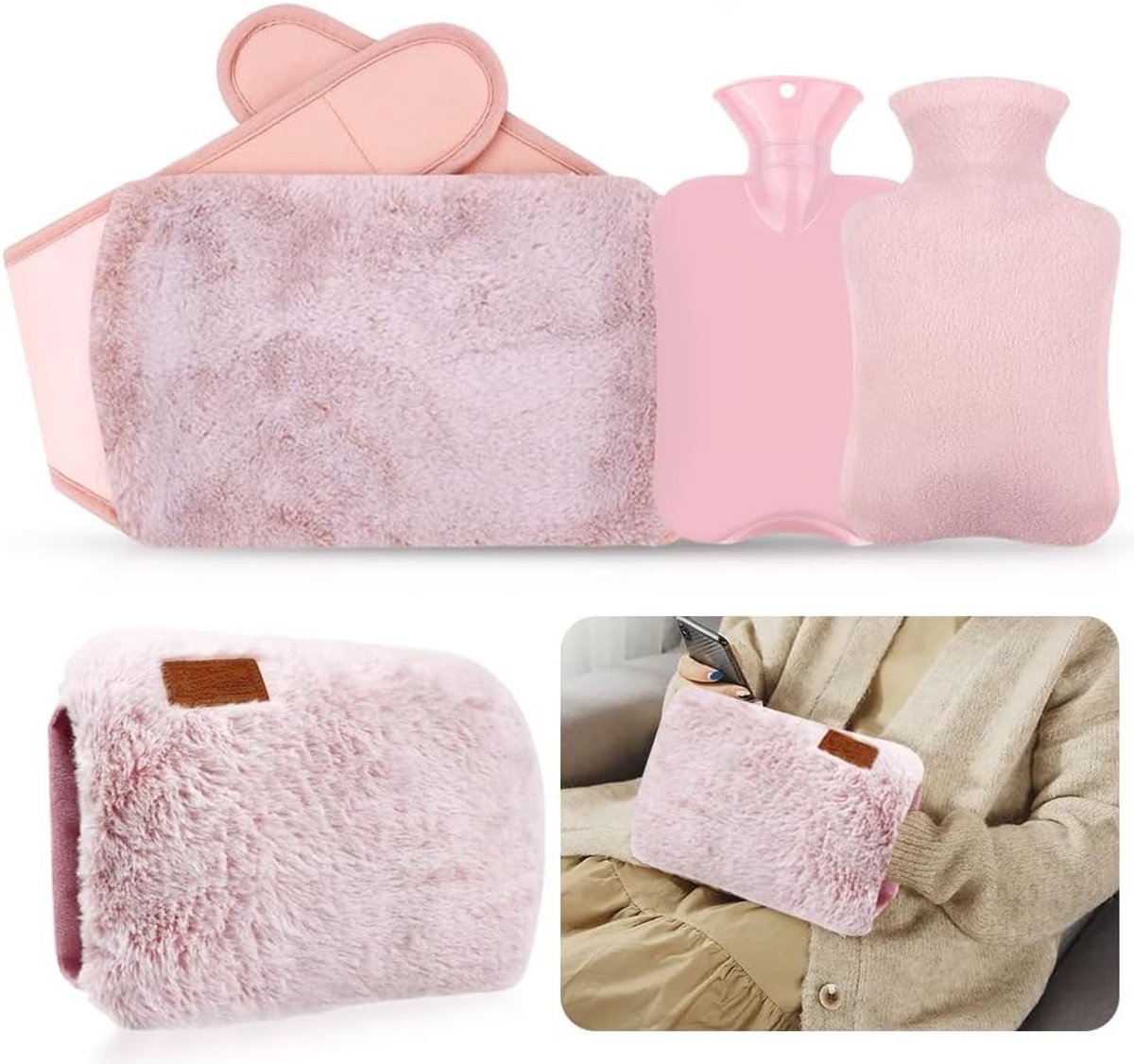 Warmwaterkruik met Hoes, 1 Liter, 4-in-1 met Band, Rubberen Kruik voor Nek, Rug, Schouders en Benen, Comfortabel en Draagbaar