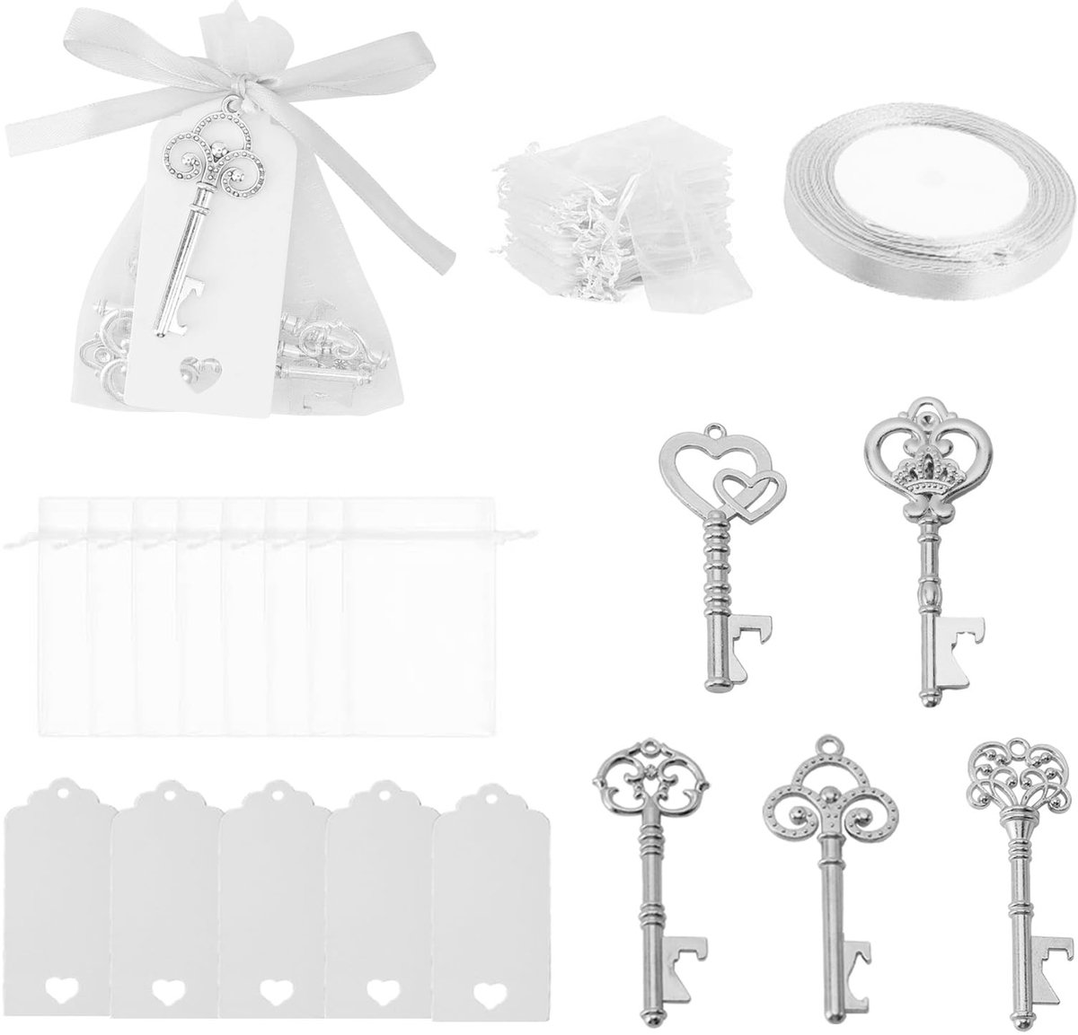 Dailygoods- Sleutel Flesopener - 50 Stuks - Vintage Sleutelhanger - Trekkoord Tas - Bruiloft Feestartikelen - Legering - Inclusief Tags