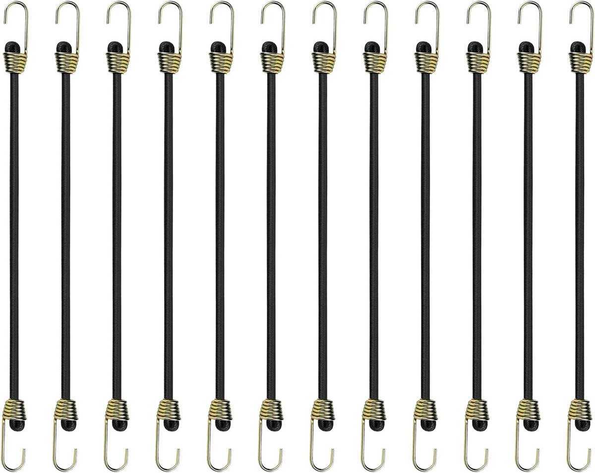 Set van 12 Elastische Touwen met Haken van 25 cm, Sterke Rubber Touwen voor het Bevestigen van Zeilen, Fietsen en Kampeerspullen, Duurzaam en Veelzijdig Gebruik